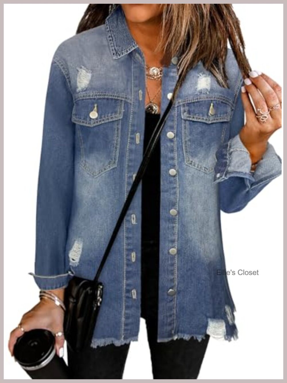 Oversized Distressed Denim Jacket Shacket - Long Sleeve Cotton Blend
